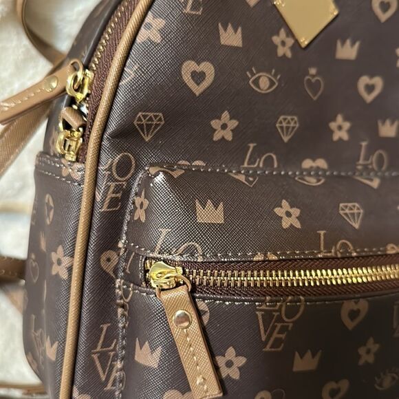 Claire’s Brown Tan LOVE Hearts Jewels Crowns Print Faux Leather Mini Backpack - Picture 13 of 16